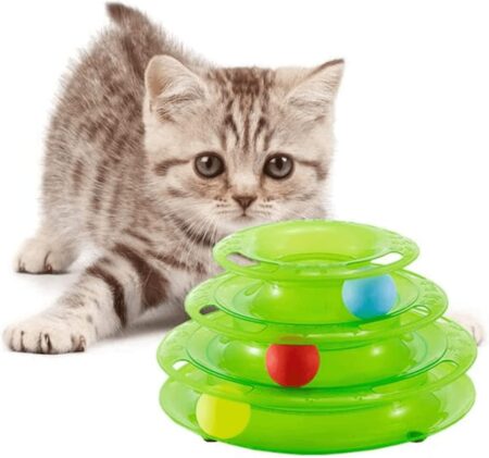 Cat Toy Roller 3-Level with Three Colorful Balls, Puzzle Kitten Toys Plastic Roller Tracks Tower Cat Turntable (Green)